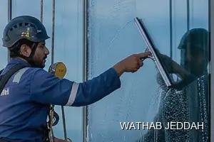 Wathab Jeddah team performing Glass Facade Cleaning in Al Andalus, Jeddah