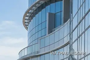 Wathab Jeddah team performing Glass Facade Cleaning in Al Asalah, Jeddah