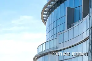 Wathab Jeddah team performing Glass Facade Cleaning in Al Basateen, Jeddah