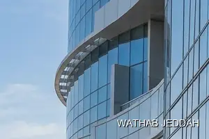 Wathab Jeddah team performing Glass Facade Cleaning in Al Manar, Jeddah
