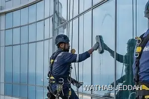 Wathab Jeddah team performing Glass Facade Cleaning in Al Nazlah Al Yamaniyah, Jeddah