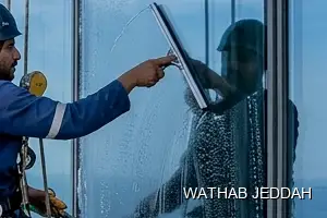Wathab Jeddah team performing Glass Facade Cleaning in Al Rabwah, Jeddah