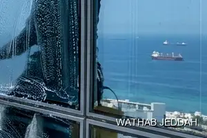 Wathab Jeddah team performing Glass Facade Cleaning in Al Sabeel, Jeddah