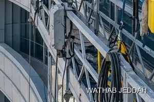 Wathab Jeddah team performing Glass Facade Cleaning in Al Samer, Jeddah