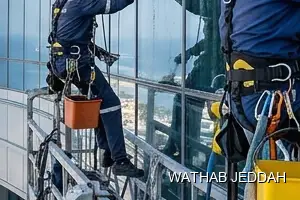 Wathab Jeddah team performing Glass Facade Cleaning in Al Sanabil, Jeddah