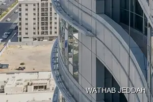 Wathab Jeddah team performing Glass Facade Cleaning in Al Shati, Jeddah