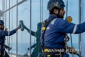 Wathab Jeddah team performing Glass Facade Cleaning in Al Shiraa, Jeddah