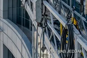 Wathab Jeddah team performing Glass Facade Cleaning in Ghulail, Jeddah