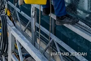 Wathab Jeddah team performing Glass Facade Cleaning in Quwayzah, Jeddah